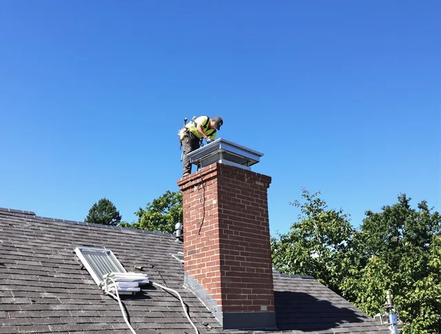 Fairfield Chimney Sweep technician measuring a chimney cap in Fairfield, CT